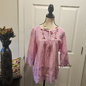 Chic Cotton Pink/Purple Embroidered, Lace Peasant Sleeve Blouse, Size Large